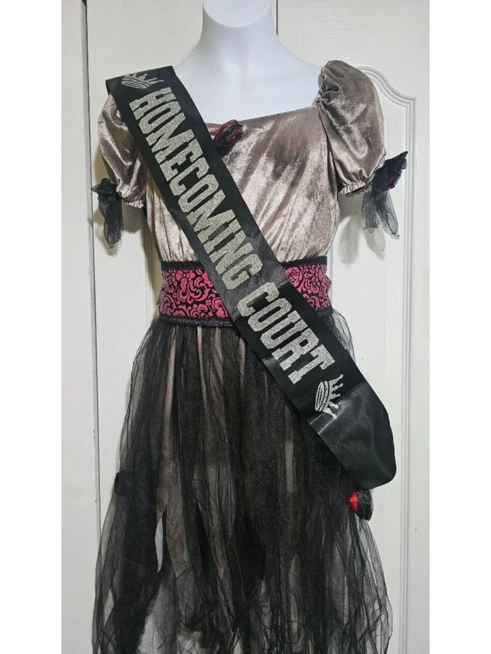 Zombie Prom Queen Corpse Costume Girls 8-10 Dress Tiara Crown Corsage Halloween - Picture 3 of 8